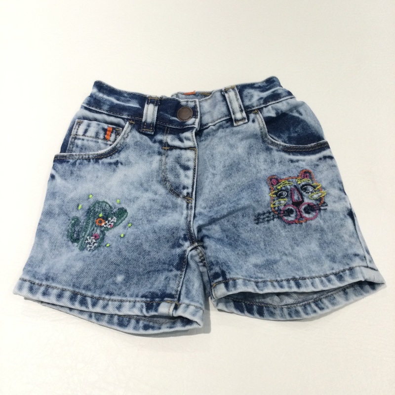 Tiger & Cactus Embroidered Light Blue Stonewashed Denim Shorts with Adjustable Waistband - Girls 18-24 Months