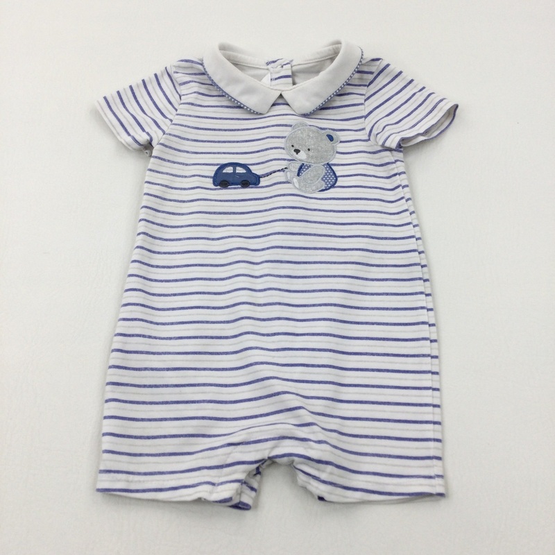 Bear Appliqued Blue Striped Jersey Romper - Boys 9-12 Months
