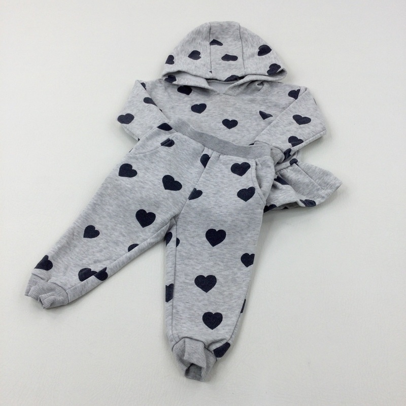 Hearts Grey Hoodie & Joggers Set - Girls 9-12 Months
