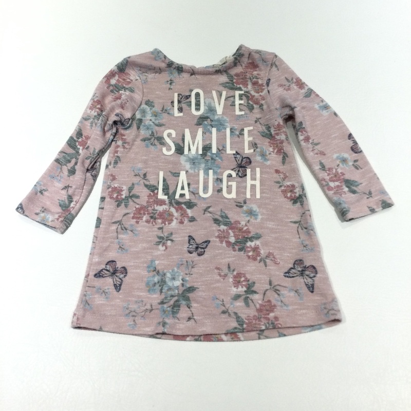 'Love, Smile, Laugh' Butterflies & Flowers Dusky Pink Jersey Dress - Girls 9-12 Months