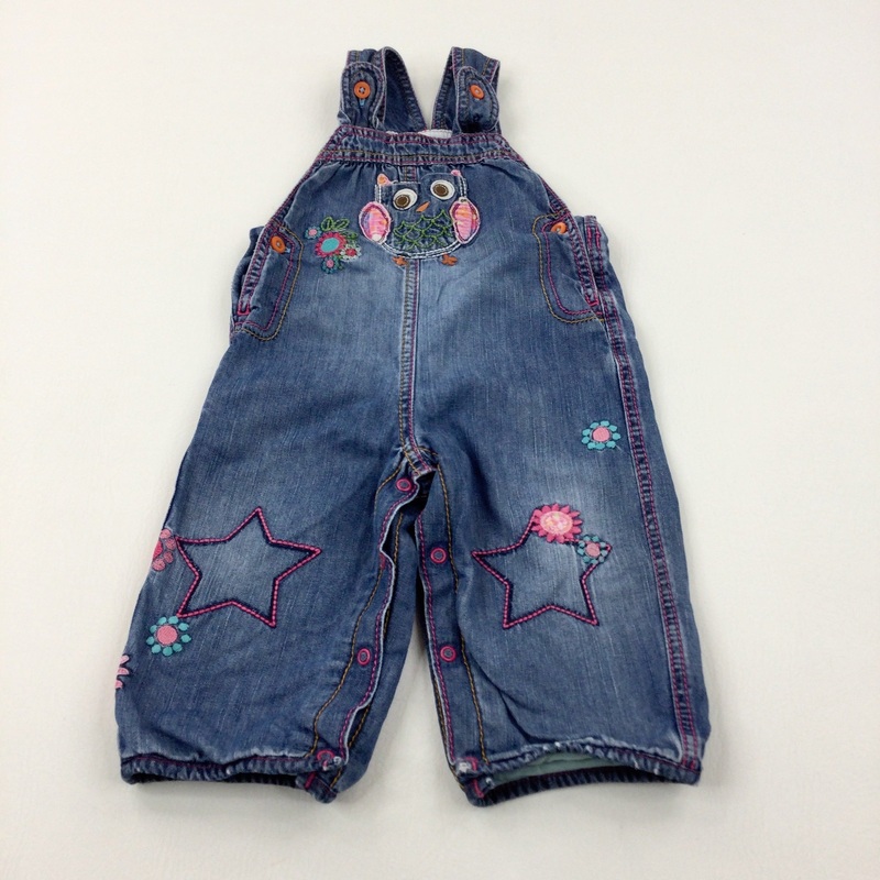 Owl & Star Embroidered Mid Blue Lined Denim Dungarees - Girls 9-12 Months
