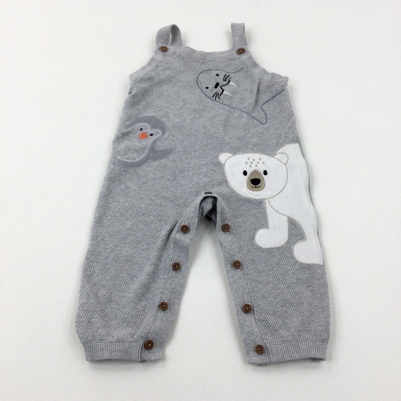 Penguin & Polar Bear Appliqued Grey Knitted Dungarees - Boys 9-12 Months