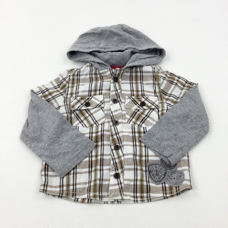 Tan Checked Long Sleeve Hooded Shirt - Boys 12-18 Months