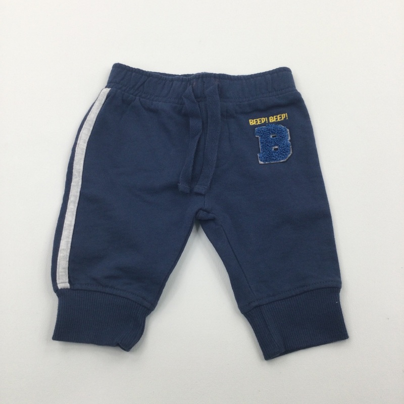 'Beep! Beep!' Appliqued Dark Blue Midweight Cotton Jersey Trousers - Boys Newborn