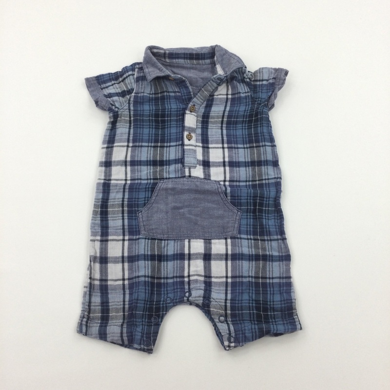 Blue, Navy & White Checked Cotton Short Romper - Boys 6-9 Months
