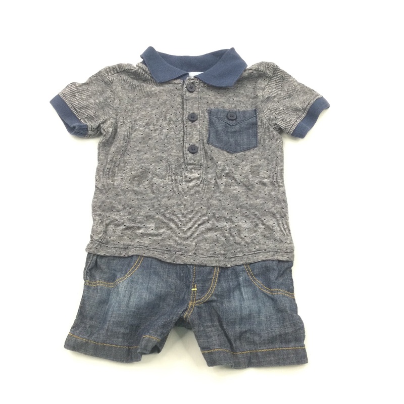 Blue Striped Top with Denim Effect Shorts Lightweight Short Sleeve Romper - Boys 3-6 Months
