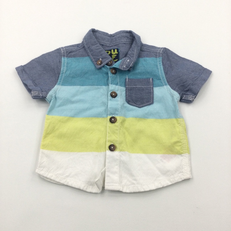 Blue Yellow & White Striped Short Sleeve Cotton Shirt - Boys Up To 1 Month