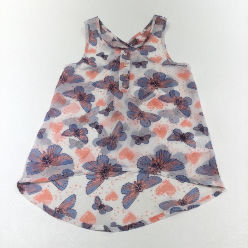 Butterflies Pink, Blue & White Sheer Chiffon Blouse - Girls 7-8 Years