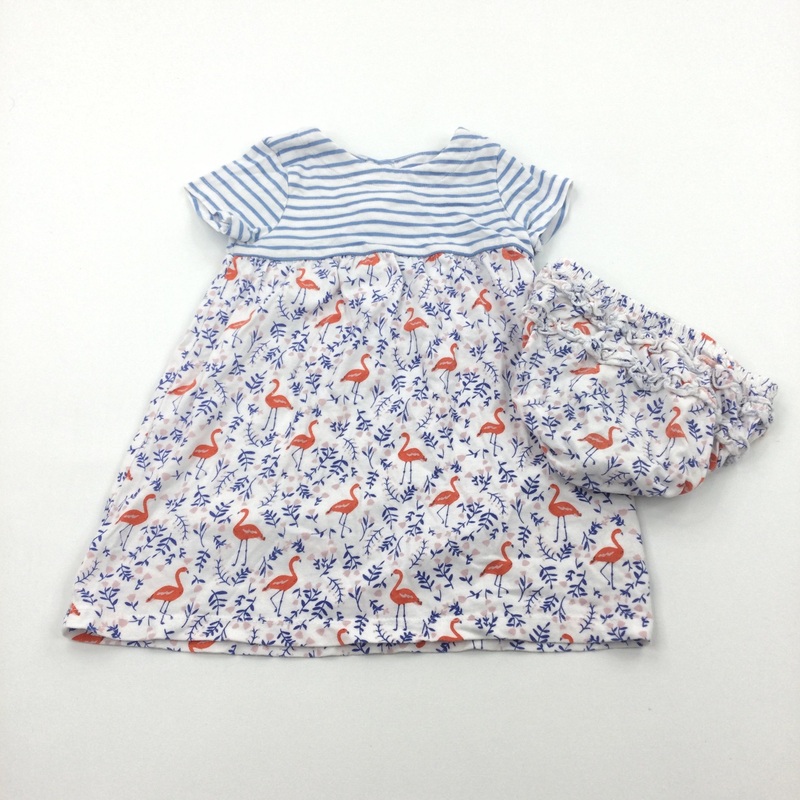 Flamingo Blue & White Lightweight Dress With Matching Nappy Pants - Girls 12-18 Months
