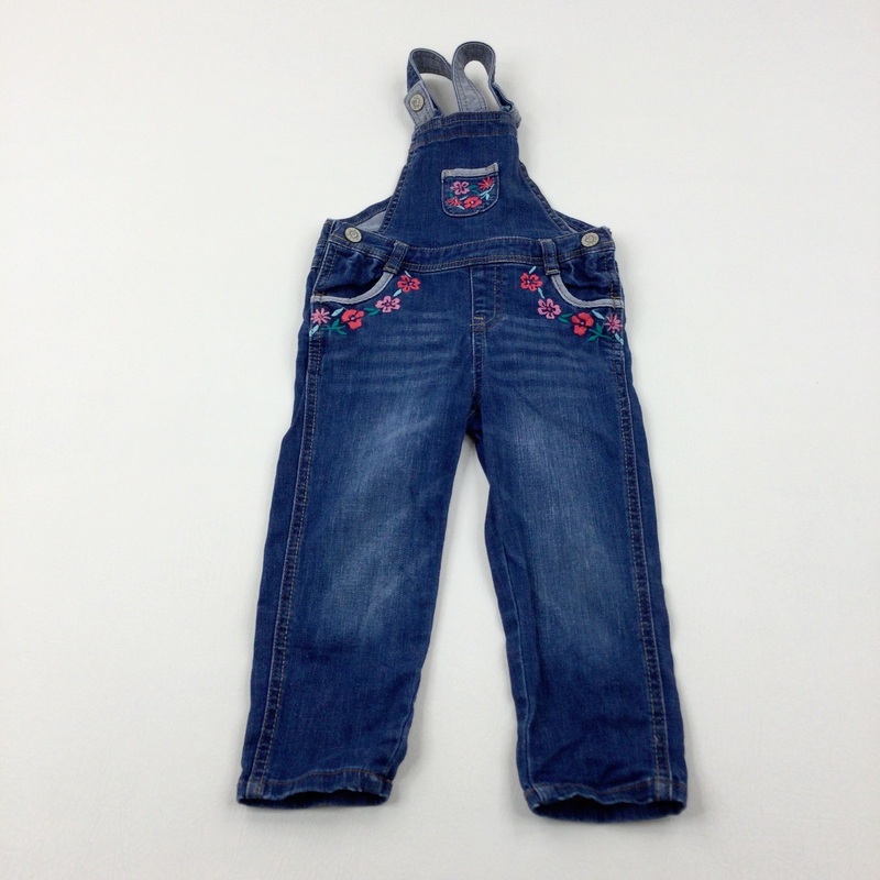 Flowers Embroidered Mid Blue Denim Dungarees - Girls 2-3 Years