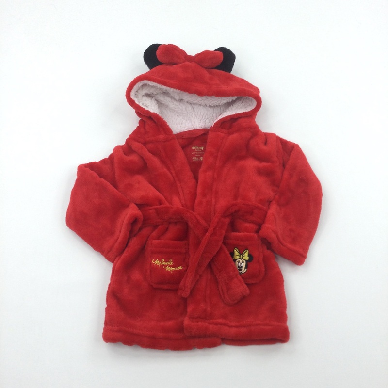 'Minnie Mouse'' Embroidered Red Fleece Dressing Gown with Hood, Ears, Bow & Attached Belt  - Girls 9-12 Months
