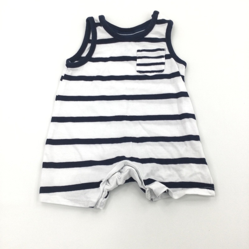 Navy & White Striped Sleeveless Romper - Boys Newborn