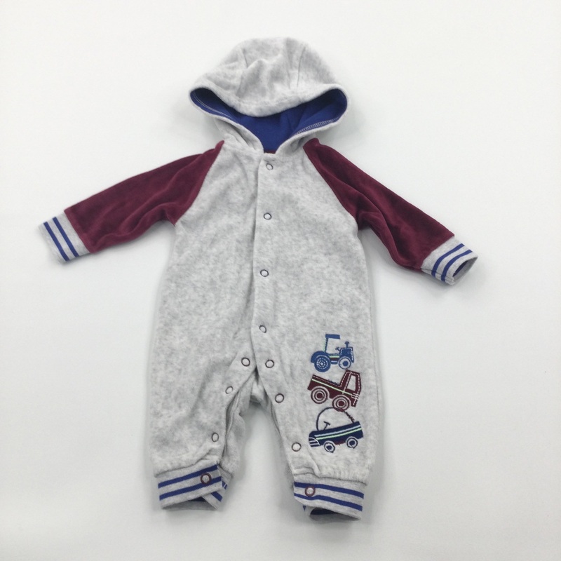 Tractor Embroidered Grey And Burgundy Velour Romper - Boys Newborn