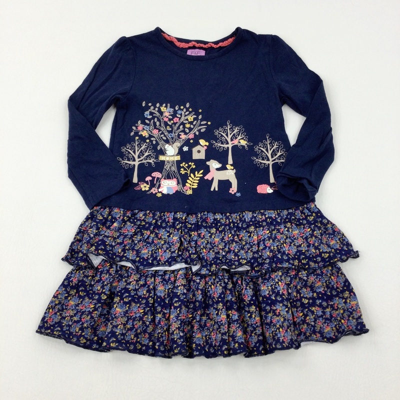 Woodland Animals & Flowers Navy Layered Jersey Dress - Girls 2-3 Years