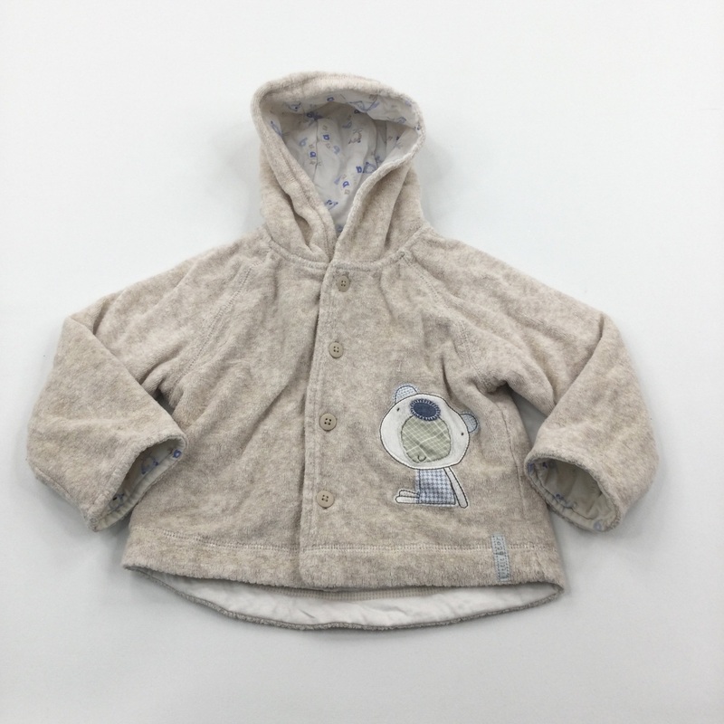 Bear Appliqued Beige Lined Lightweight Towelling Jacket with Hood - Boys 9-12 Months