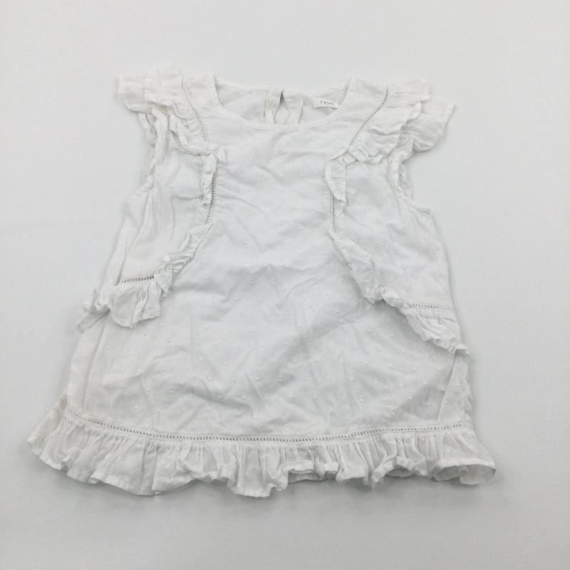 Patterned White Cotton Short Sleeve Blouse with Frill Detail - Girls 8 Years
