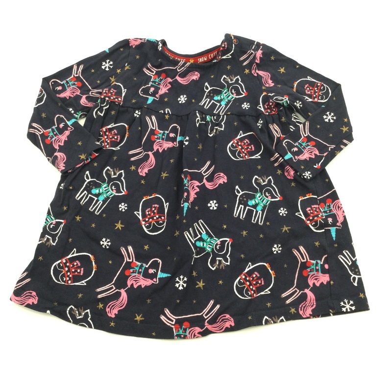 Unicorn Reindeer & Penguin Navy Dress - Girls 9-12 Months - Christmas