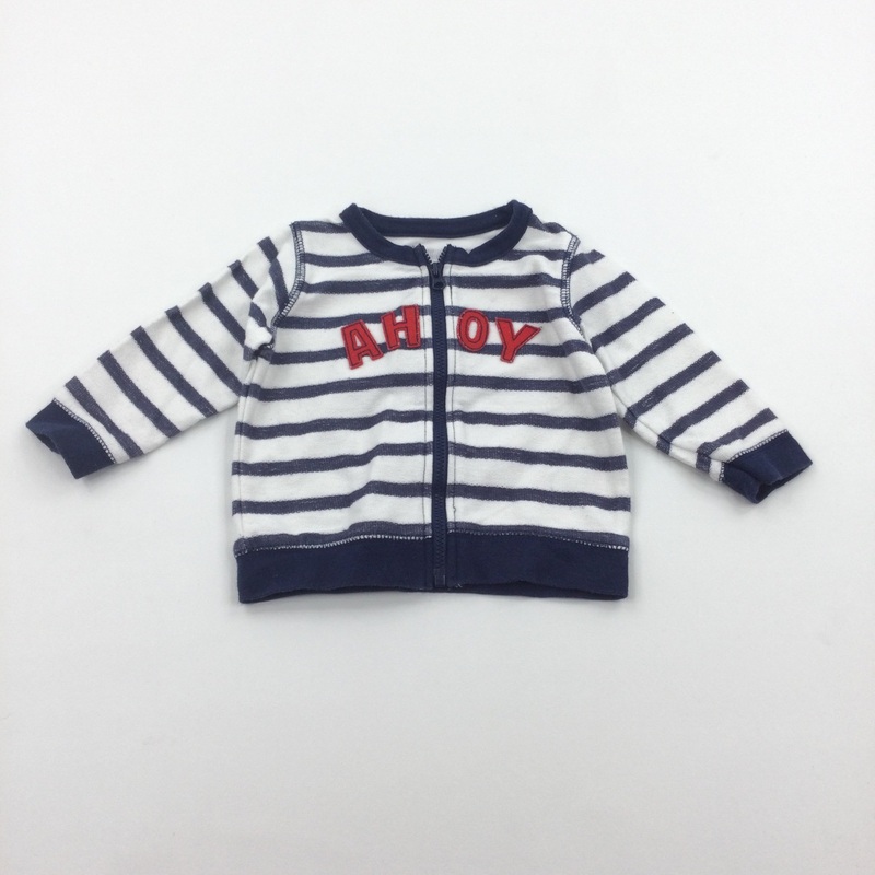 'Ahoy' Navy & White Striped Zip Up Jersey Jumper - Boys 3-6 Months