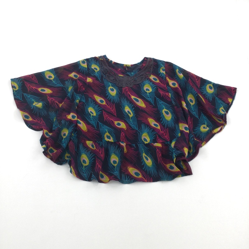 Peacock Feathers Navy, Pink & Teal Sheer Blouse with Oversized Sleeves - Girls 7-8 Years