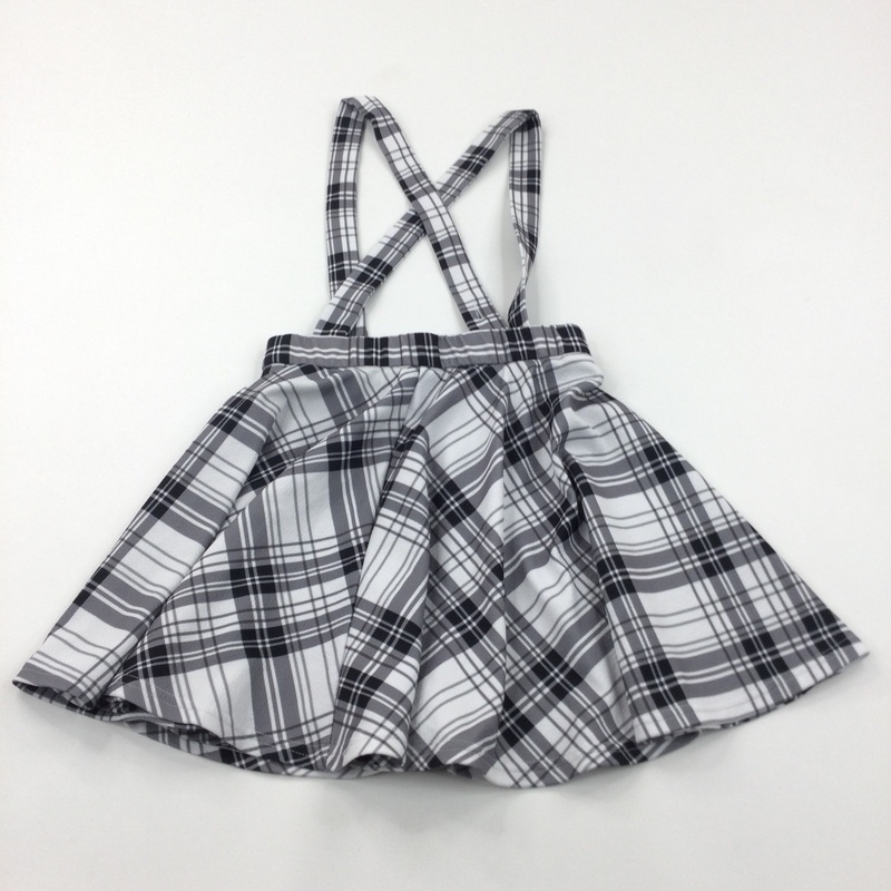 Black & White Checked Polyester Skirt with Shoulder Straps - Girls 7-8 Years
