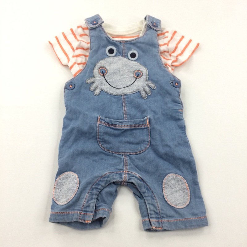 Crab Appliqued Light Blue Denim Short Dungarees & Orange & White T-Shirt Set - Boys 3-6 Months