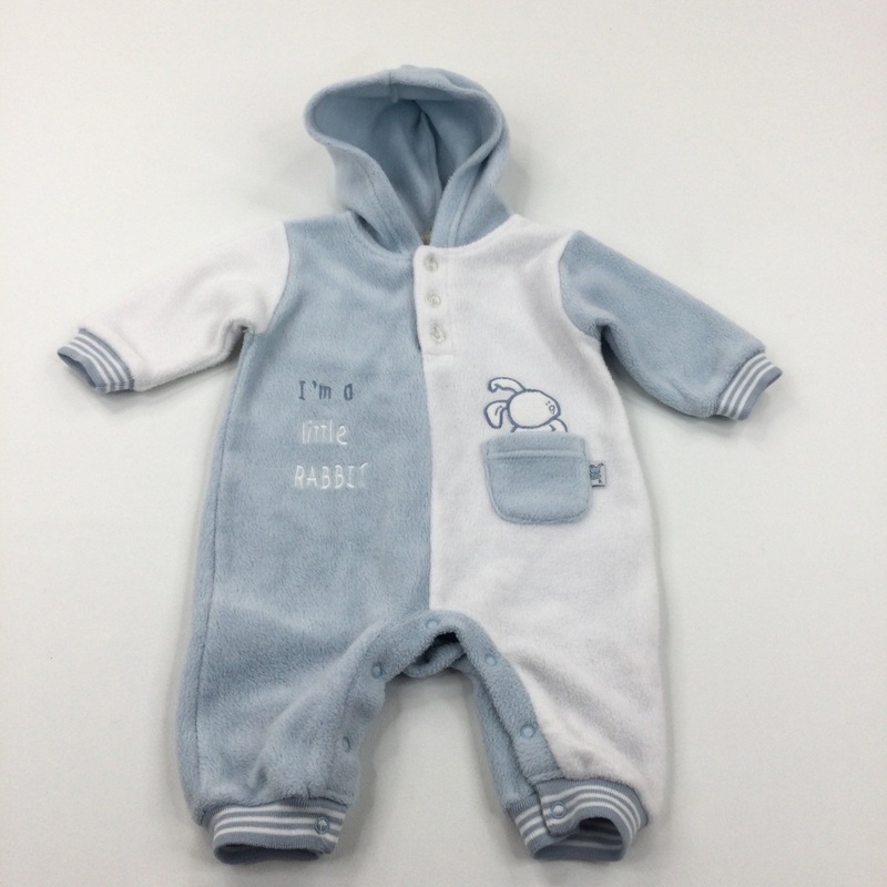 'I'm A Little Rabbit' Blue & White Fluffy Fleece Romper with Hood - Boys 0-3 Months