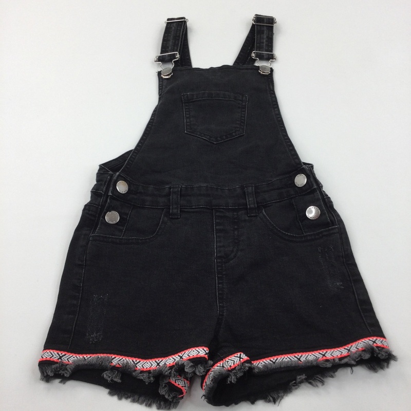 Patterned Hems Black Denim Short Dungarees - Girls 7-8 Years