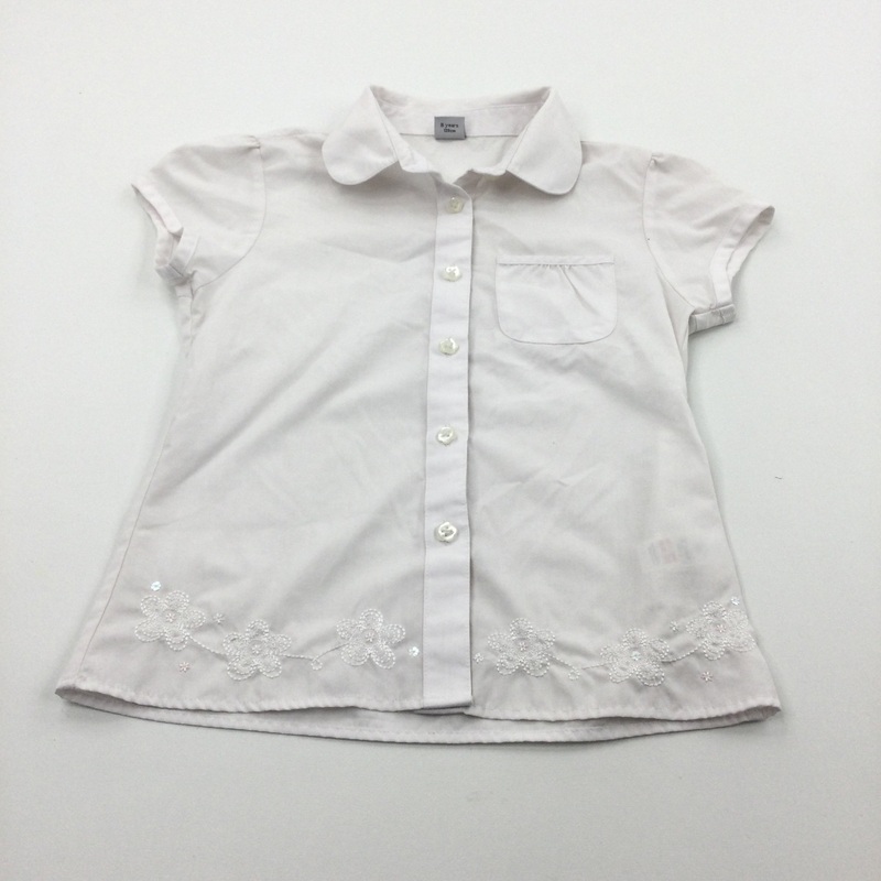 White Flowers Embroidered Short Sleeve Shirt - Girls 8 Years