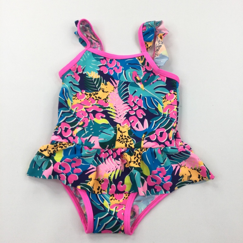Colourful Flowers Neon Pink & Navy Swimming Costume - Girls 9-12 Months
