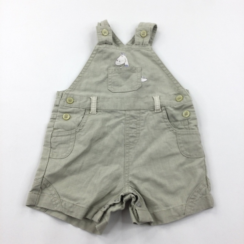 Dinosaur Appliqued Beige Cotton Short Dungarees - Boys 0-3 Months