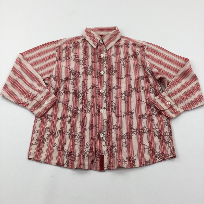 Flower Pattern Red & Cream Striped Cotton Shirt - Boys 7 Years