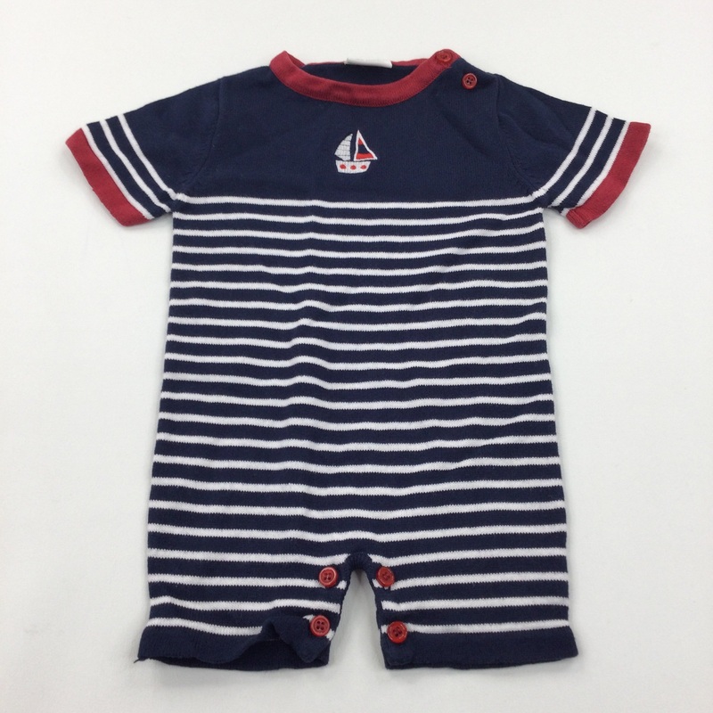 Sailing Boat Embroidered Navy, White & Red Striped Knitted Romper - Boys 3-6 Months