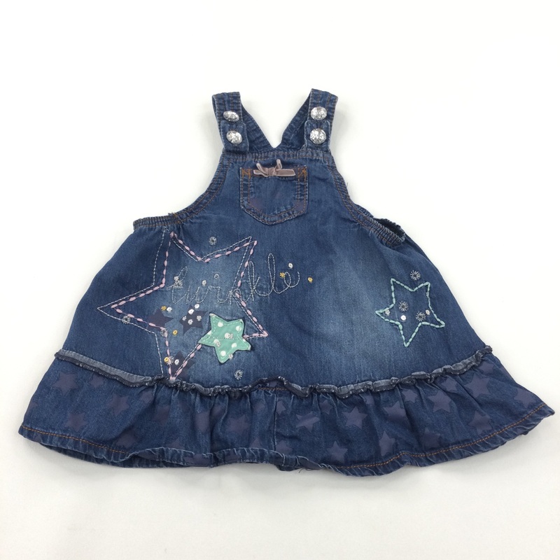 'Twinkle' Stars Appliqued Mid Blue Denim Effect Cotton Dungaree Dress - Girls 3-6 Months