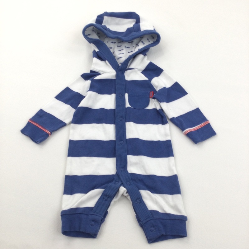 Blue & White Striped Jersey Hoodie Romper - Boys Newborn