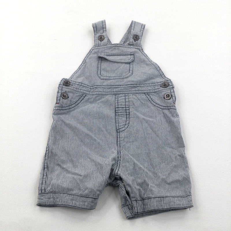 Grey & White Striped Lightweight Cotton Short Dungarees - Boys 6-9 Months