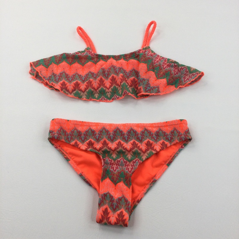 Neon Orange Bikini with Green & Orange Net Overlay - Girls 9-10 Years