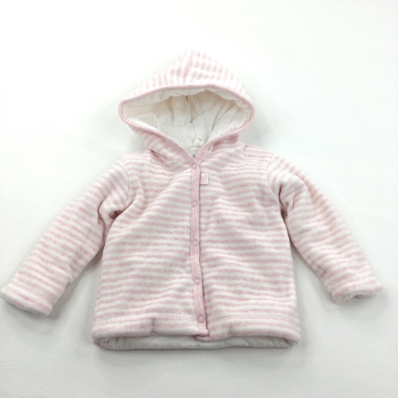 Pink & White Striped Velour Coat with Hood - Girls 3-6 Months