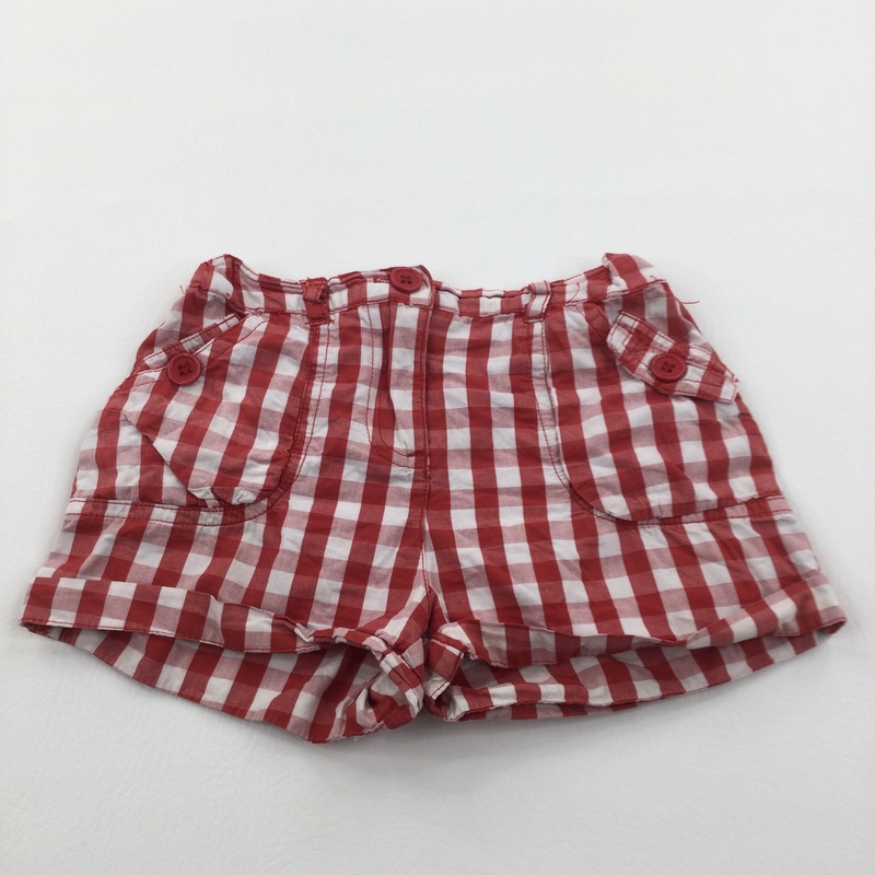 Red & White Checked Cotton Shorts with Adjustable Waistband - Girls 3-4 Years
