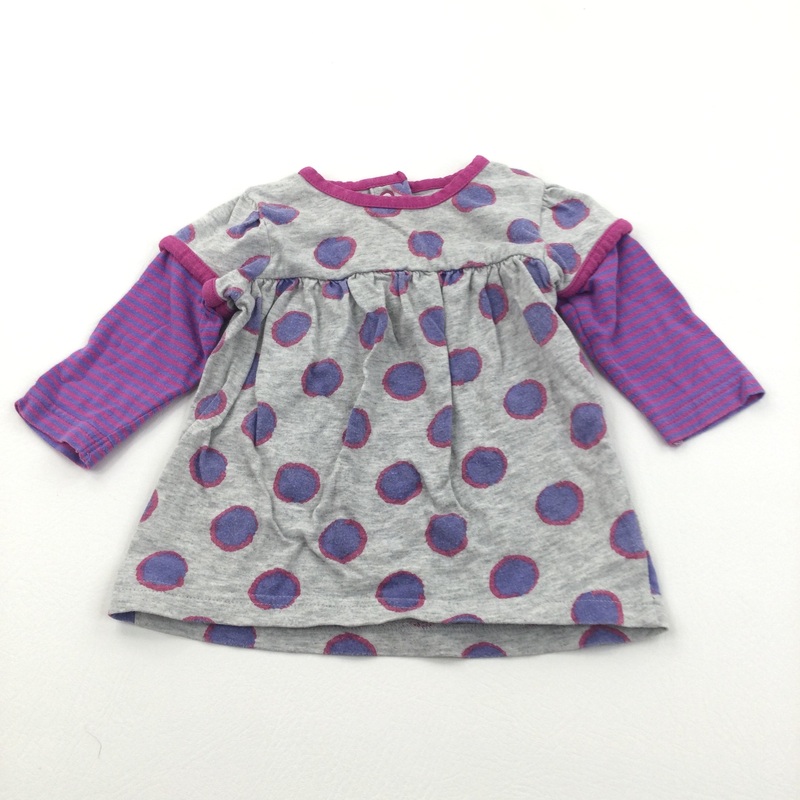 Spotty Purple, Pink & Grey Jersey Dress - Girls 0-3 Months