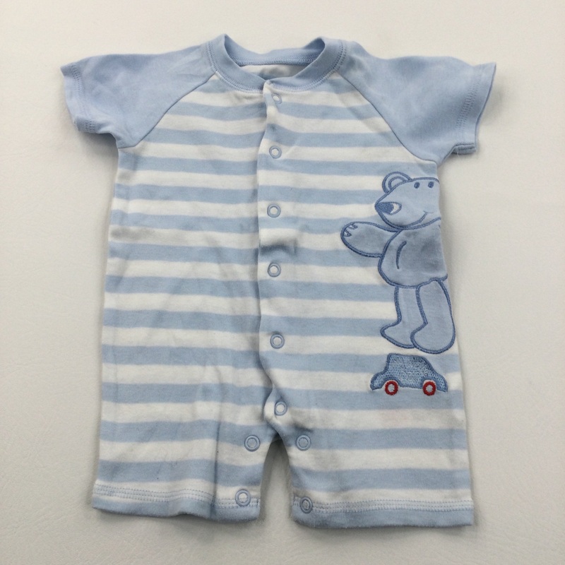 Teddy Bear & Car Appliqued Blue & White Striped Jersey Short Romper - Boys Newborn