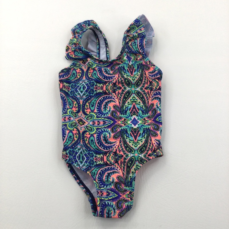 Patterned Blue, Mint Green & Neon Orange Swimming Costume - Girls 9-12 Months