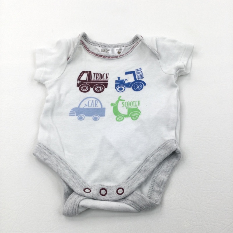 Vehicles Grey & White Short Sleeve Bodysuit - Boys Tiny Baby