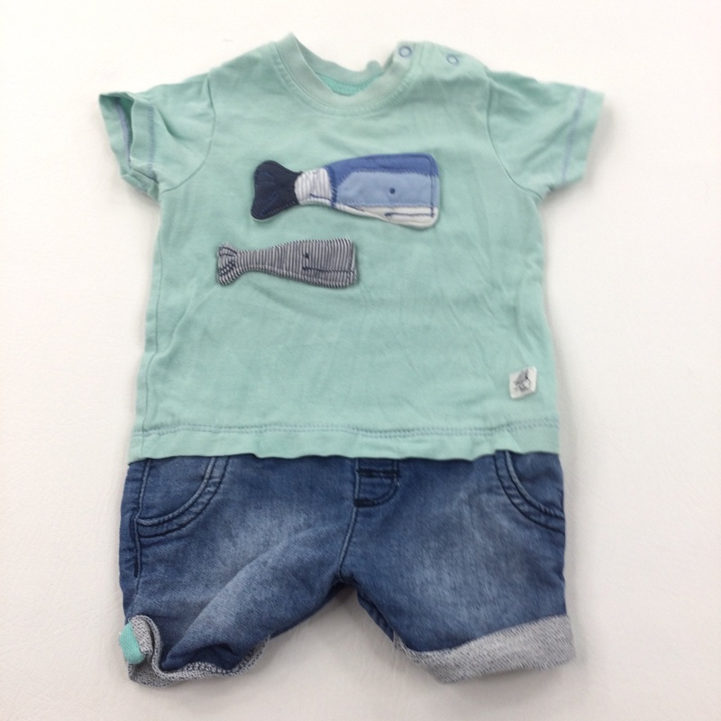 Whales Appliqued Green Jersey & Denim Effect Romper - Boys 0-3 Months
