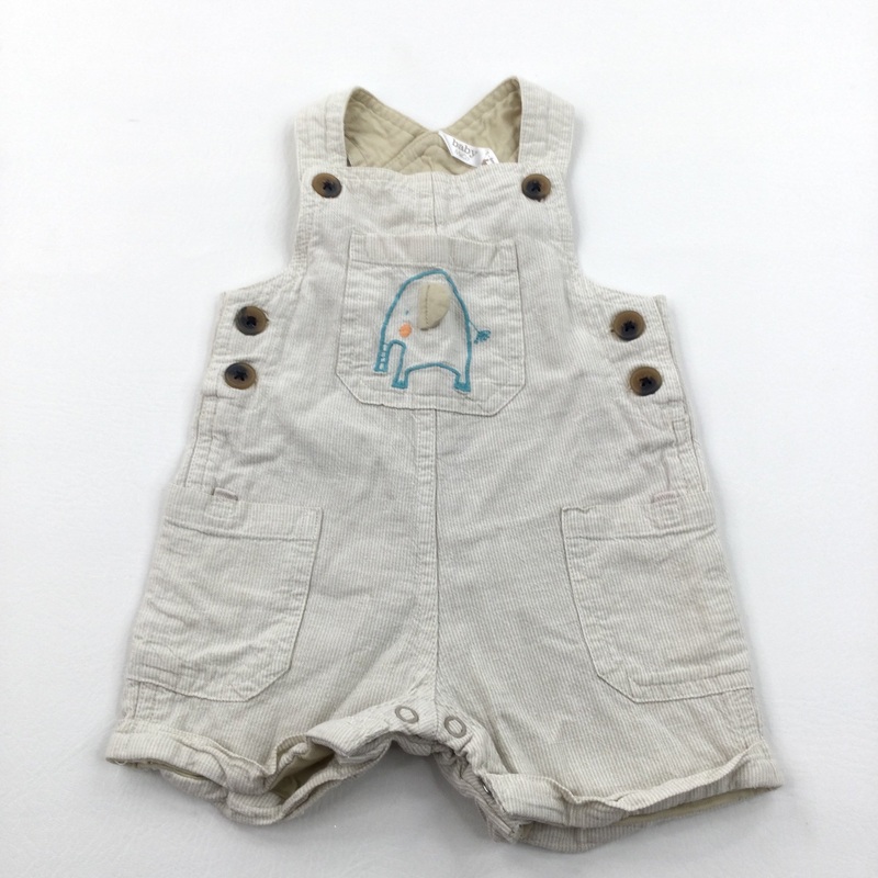 Elephant Embroidered Beige Striped Lined Cotton Short Dungarees - Boys 3-6 Months