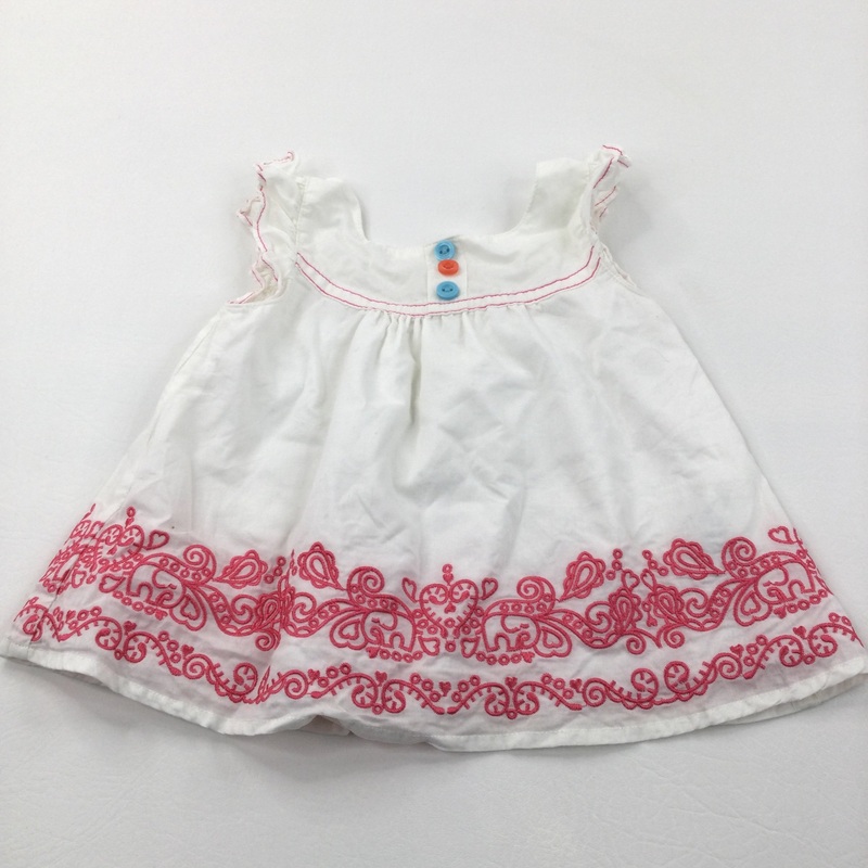 Elephants & Flowers Embroidered Pink & White Cotton Tunic Blouse - Girls 6-9 Months