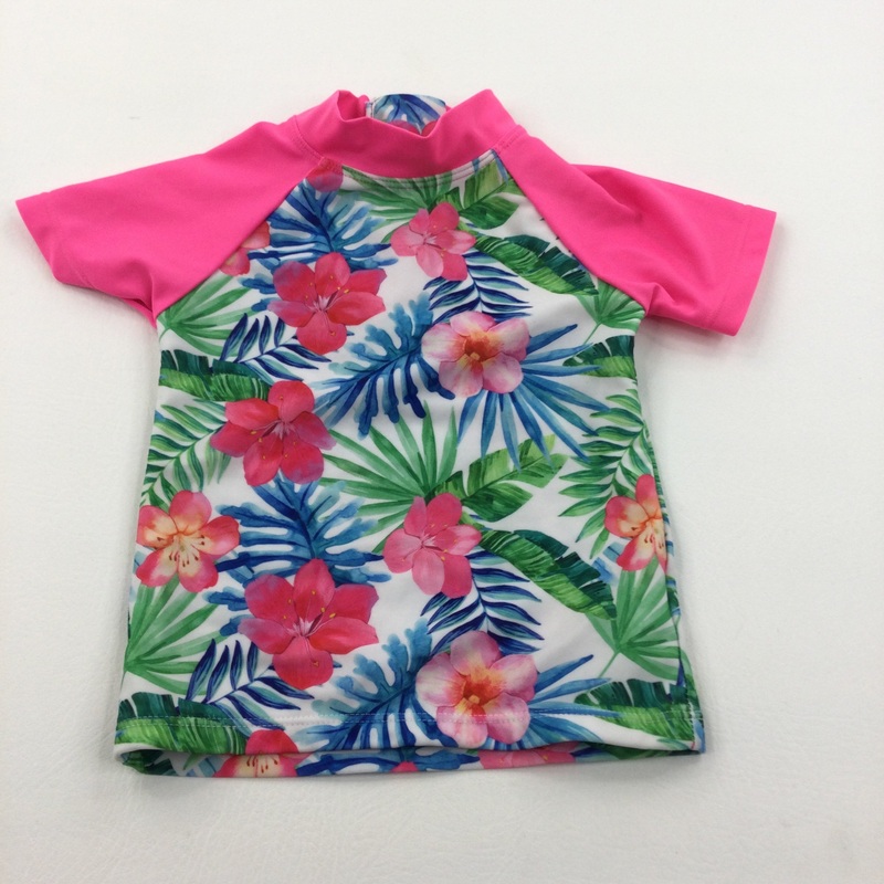 Flowers White, Blue & Bright Pink Swim/Sun Top - Girls 9-12 Months