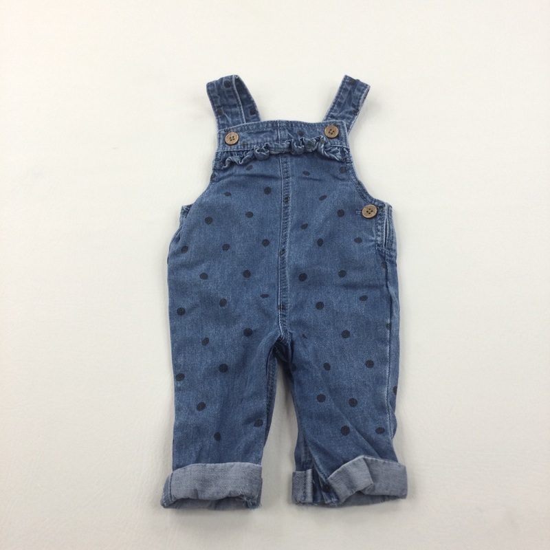 Mid Blue Spotty Denim Dungarees with Frill Detail - Girls Newborn