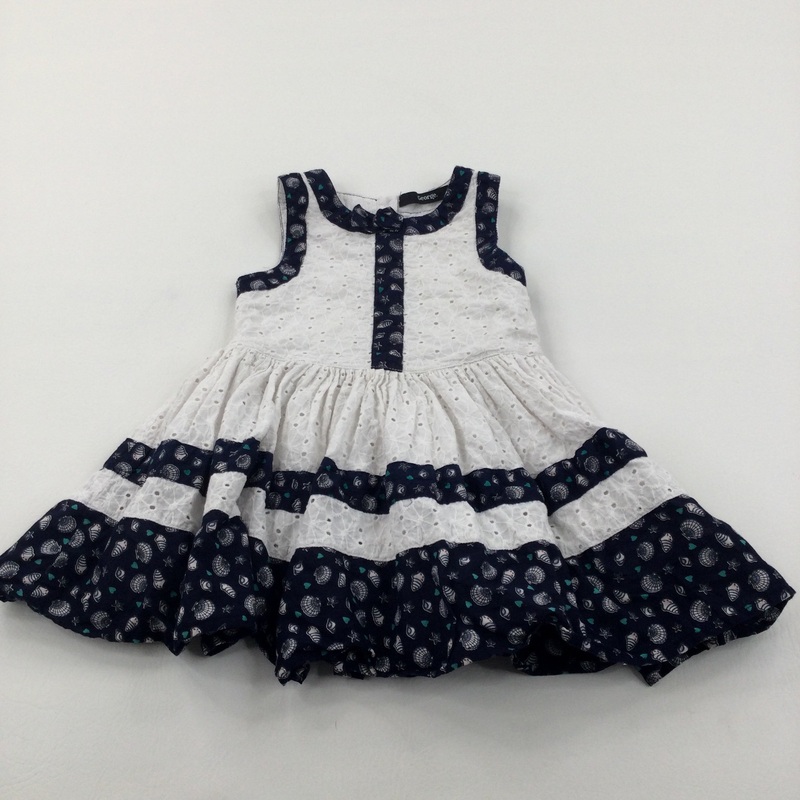 Sea Shells White Broderie & Navy Cotton Sun/Party Dress - Girls 12-18 Months