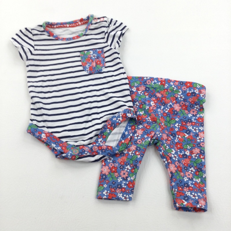 Strawberries & Flowers Pink, Navy, White & Blue Short Sleeve Bodysuit & Leggings Set - Girls 0-3 Months