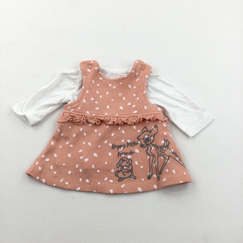 'Happy Little Friends' Bambi & Thumper Peach Jersey Dress & White Long Sleeve Top Set - Girls Tiny Baby
